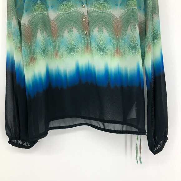 NWT Marciano paisley patterned green blue ombre long sleeve button neck top S - Picture 6 of 16